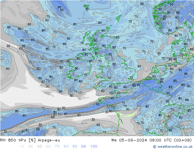 RH 850 hPa Arpege-eu We 05.06.2024 09 UTC