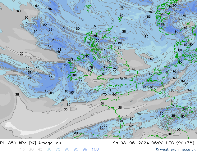 RH 850 hPa Arpege-eu Sáb 08.06.2024 06 UTC