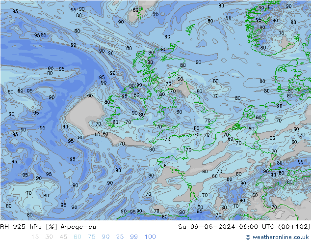 RH 925 hPa Arpege-eu Su 09.06.2024 06 UTC