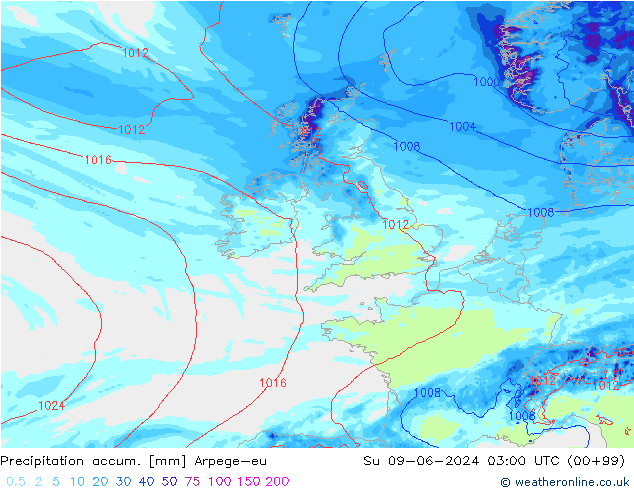 Precipitation accum. Arpege-eu  09.06.2024 03 UTC