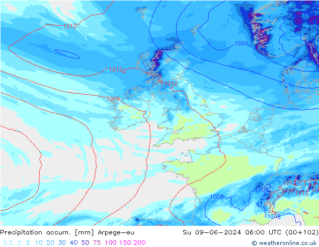 Precipitation accum. Arpege-eu nie. 09.06.2024 06 UTC