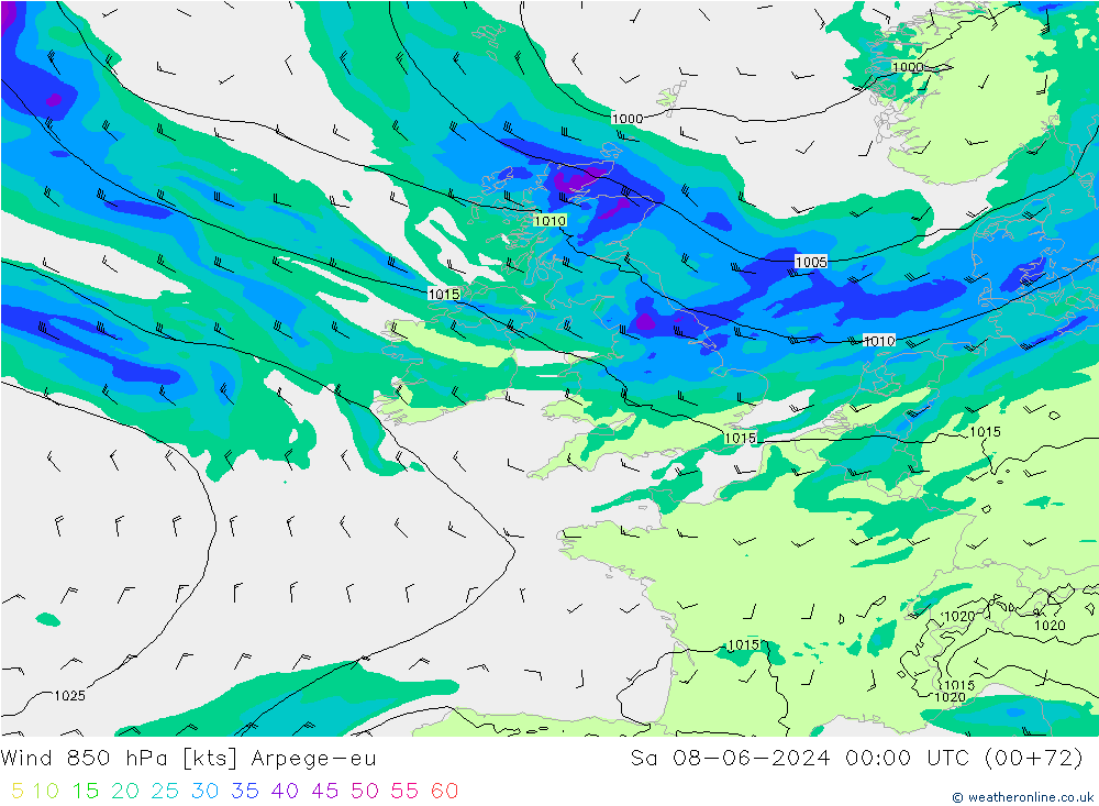 wiatr 850 hPa Arpege-eu so. 08.06.2024 00 UTC