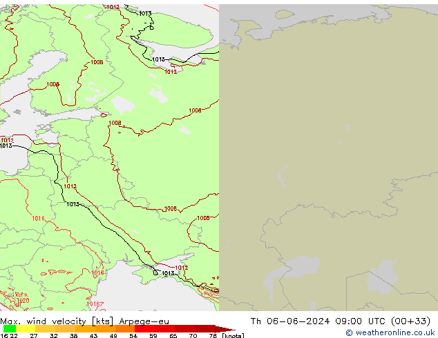 Max. wind velocity Arpege-eu чт 06.06.2024 09 UTC