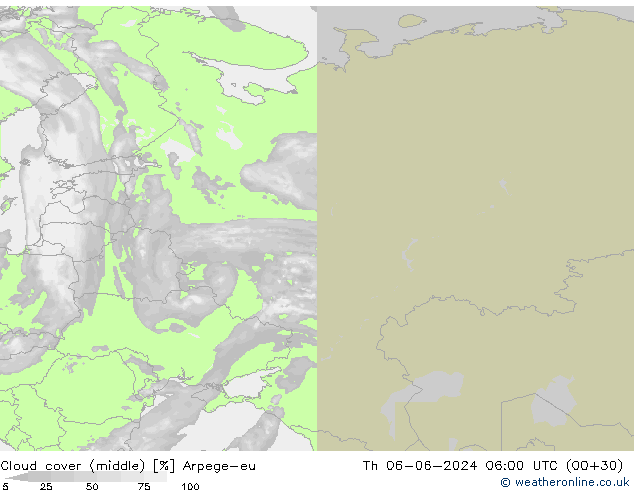 Cloud cover (middle) Arpege-eu Th 06.06.2024 06 UTC