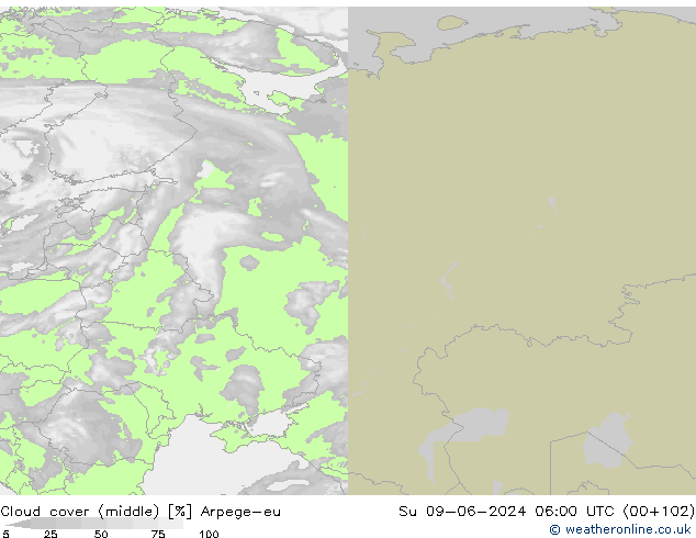 Cloud cover (middle) Arpege-eu Su 09.06.2024 06 UTC