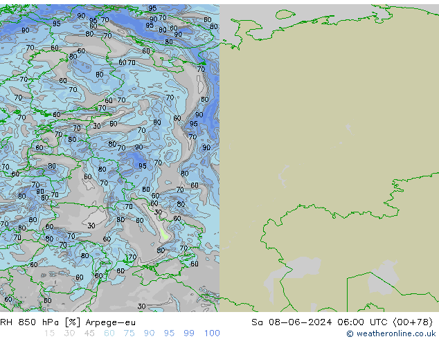 RH 850 гПа Arpege-eu сб 08.06.2024 06 UTC