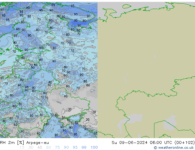 RH 2m Arpege-eu Su 09.06.2024 06 UTC