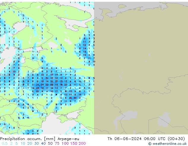 Precipitation accum. Arpege-eu czw. 06.06.2024 06 UTC