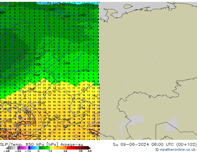 SLP/Temp. 850 hPa Arpege-eu Su 09.06.2024 06 UTC