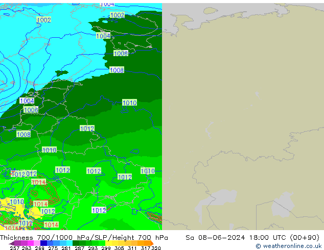 Thck 700-1000 hPa Arpege-eu Sa 08.06.2024 18 UTC