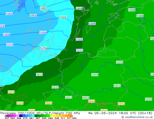 Thck 700-1000 hPa Arpege-eu We 05.06.2024 18 UTC