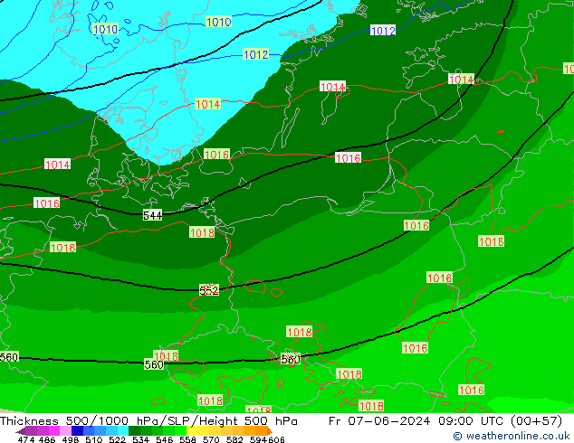 Espesor 500-1000 hPa Arpege-eu vie 07.06.2024 09 UTC