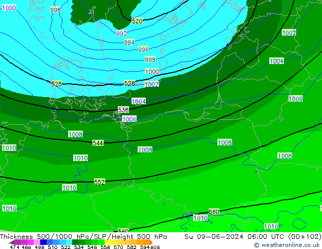 Espesor 500-1000 hPa Arpege-eu dom 09.06.2024 06 UTC