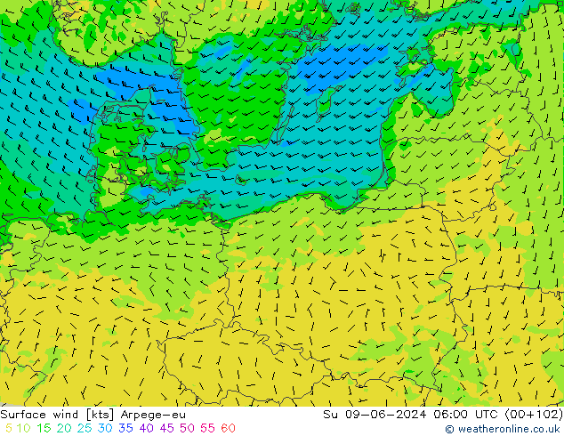 Rüzgar 10 m Arpege-eu Paz 09.06.2024 06 UTC
