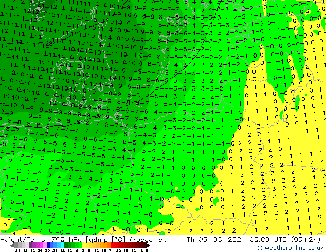 Height/Temp. 700 hPa Arpege-eu czw. 06.06.2024 00 UTC