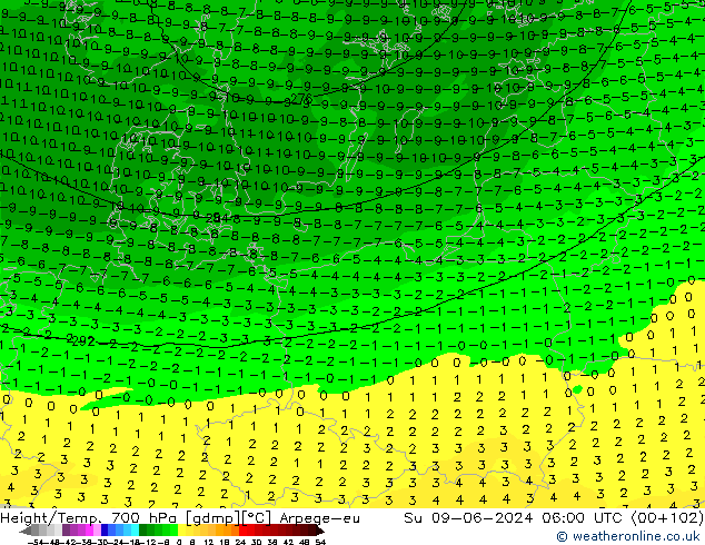 Height/Temp. 700 гПа Arpege-eu Вс 09.06.2024 06 UTC