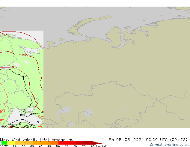 Max. wind velocity Arpege-eu So 08.06.2024 00 UTC