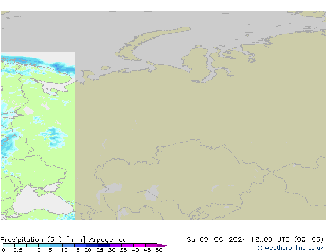 Totale neerslag (6h) Arpege-eu zo 09.06.2024 00 UTC