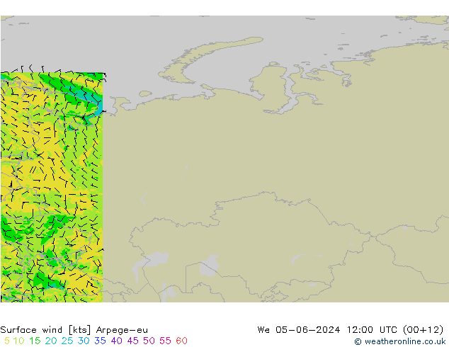 Vento 10 m Arpege-eu mer 05.06.2024 12 UTC