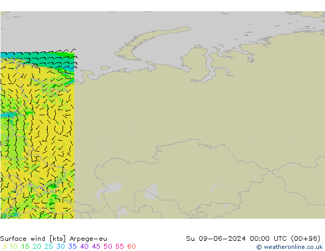 Vento 10 m Arpege-eu Dom 09.06.2024 00 UTC