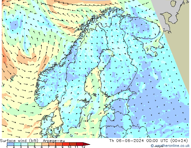 wiatr 10 m (bft) Arpege-eu czw. 06.06.2024 00 UTC