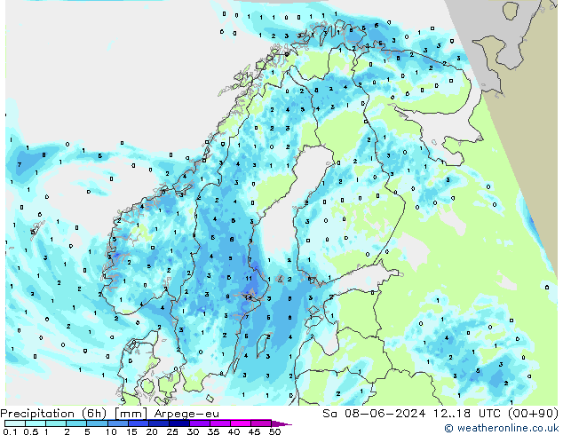 Precipitation (6h) Arpege-eu So 08.06.2024 18 UTC