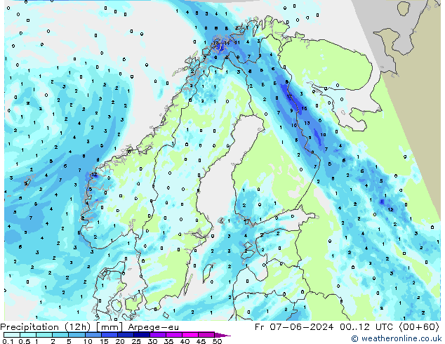 Precipitation (12h) Arpege-eu Pá 07.06.2024 12 UTC