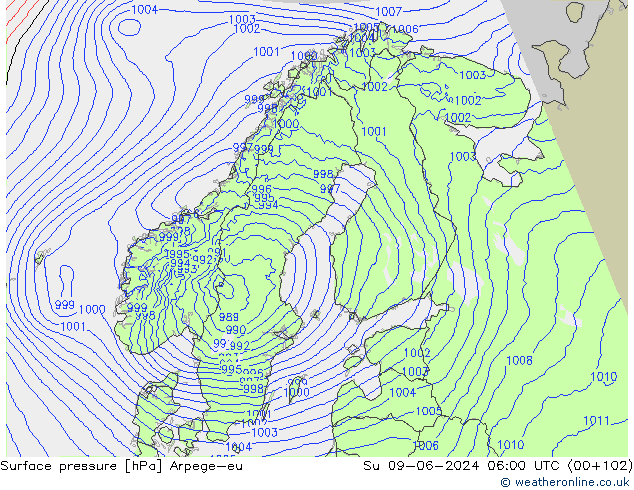 Pressione al suolo Arpege-eu dom 09.06.2024 06 UTC