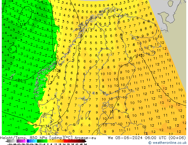 Géop./Temp. 850 hPa Arpege-eu mer 05.06.2024 06 UTC