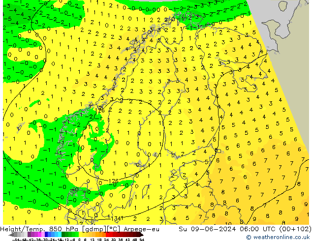 Height/Temp. 850 hPa Arpege-eu So 09.06.2024 06 UTC