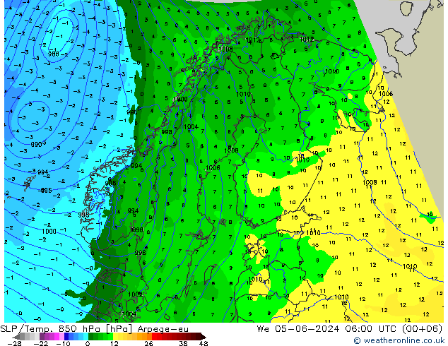 SLP/Temp. 850 hPa Arpege-eu mer 05.06.2024 06 UTC