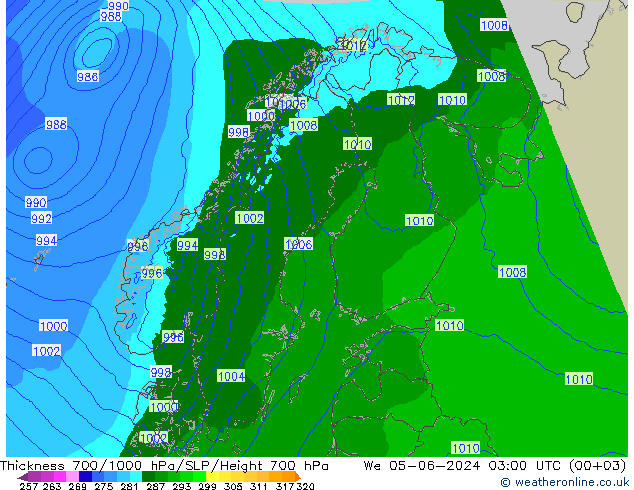 Espesor 700-1000 hPa Arpege-eu mié 05.06.2024 03 UTC