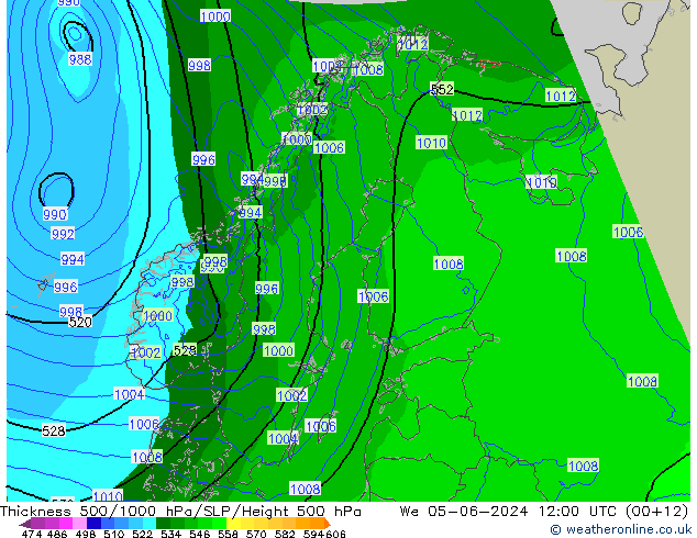 Thck 500-1000hPa Arpege-eu  05.06.2024 12 UTC