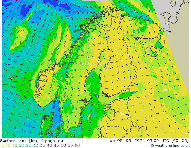 Vento 10 m Arpege-eu mer 05.06.2024 03 UTC