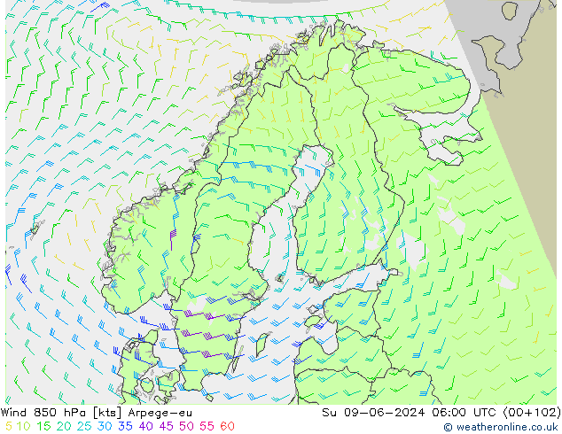 Viento 850 hPa Arpege-eu dom 09.06.2024 06 UTC