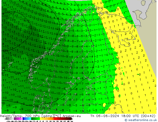 Height/Temp. 700 hPa Arpege-eu Th 06.06.2024 18 UTC