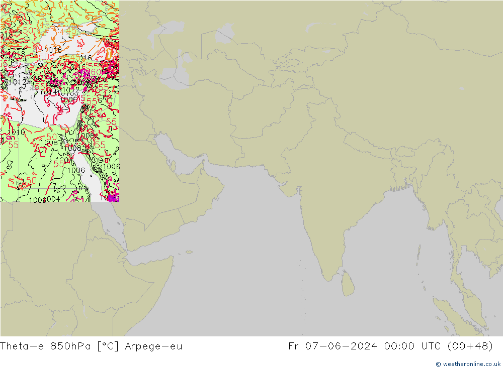 Theta-e 850hPa Arpege-eu Pá 07.06.2024 00 UTC