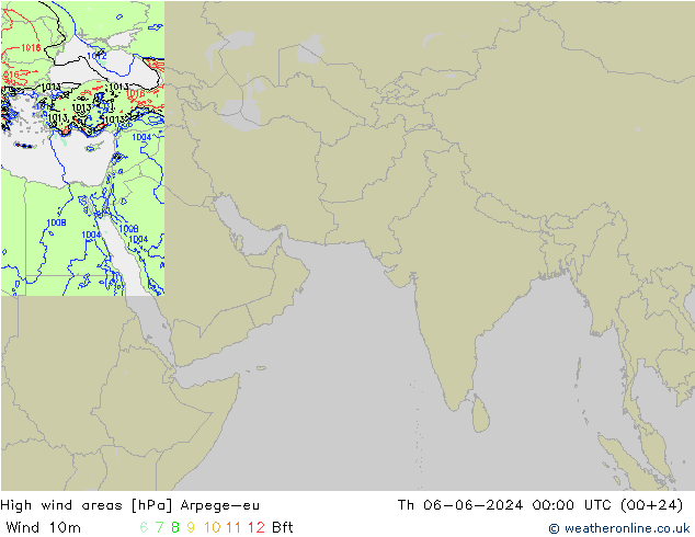 High wind areas Arpege-eu Th 06.06.2024 00 UTC