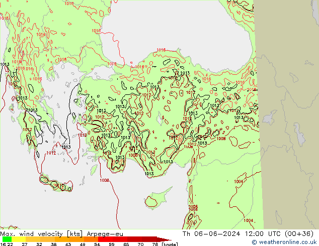 Max. wind velocity Arpege-eu jue 06.06.2024 12 UTC