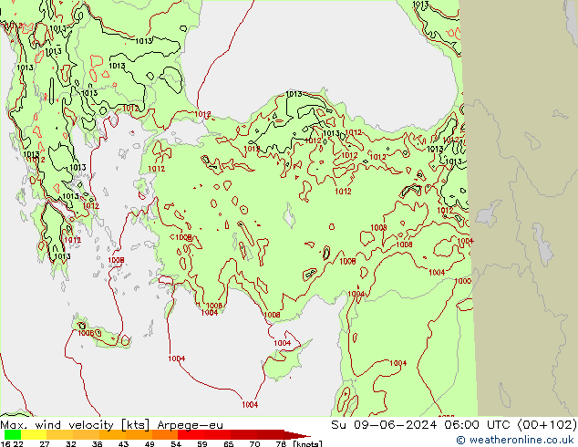 Max. wind velocity Arpege-eu nie. 09.06.2024 06 UTC