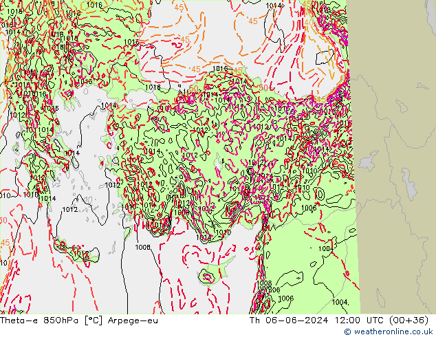 Theta-e 850hPa Arpege-eu jue 06.06.2024 12 UTC