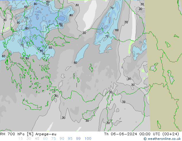 RH 700 hPa Arpege-eu gio 06.06.2024 00 UTC