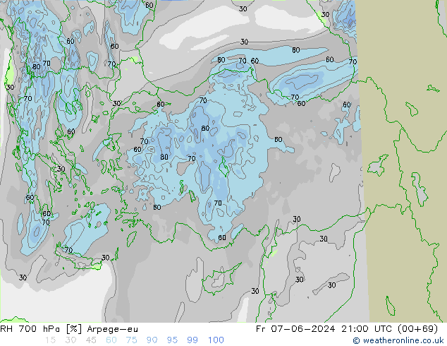 Humidité rel. 700 hPa Arpege-eu ven 07.06.2024 21 UTC