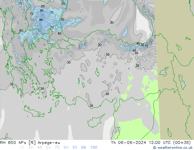 Humedad rel. 850hPa Arpege-eu jue 06.06.2024 12 UTC