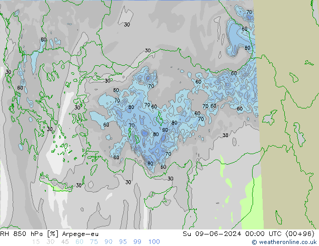 RH 850 hPa Arpege-eu Ne 09.06.2024 00 UTC