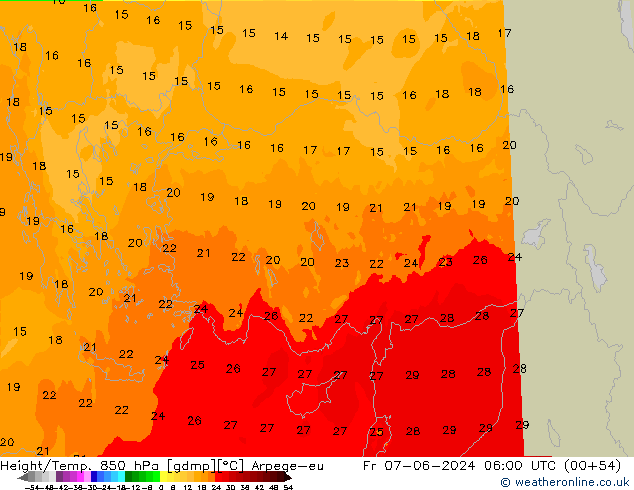 Geop./Temp. 850 hPa Arpege-eu vie 07.06.2024 06 UTC