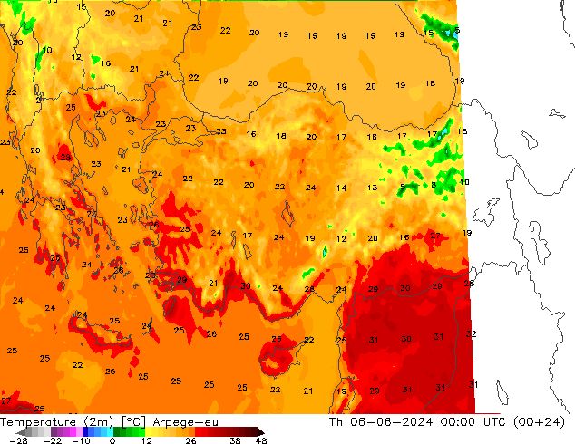 Sıcaklık Haritası (2m) Arpege-eu Per 06.06.2024 00 UTC