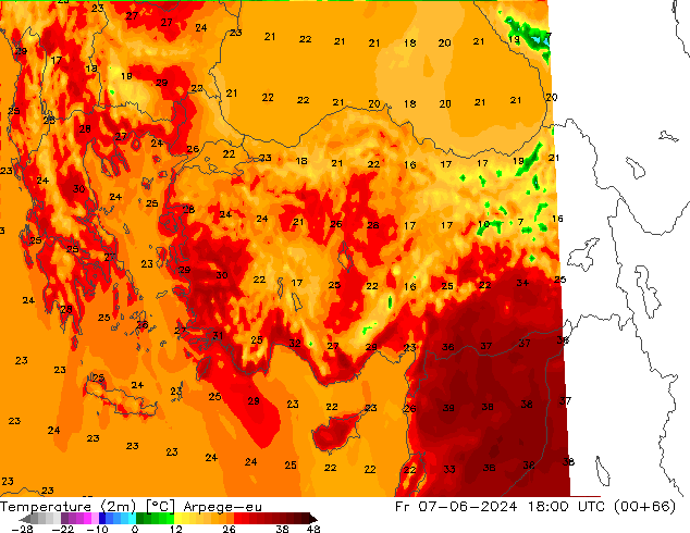 mapa temperatury (2m) Arpege-eu pt. 07.06.2024 18 UTC