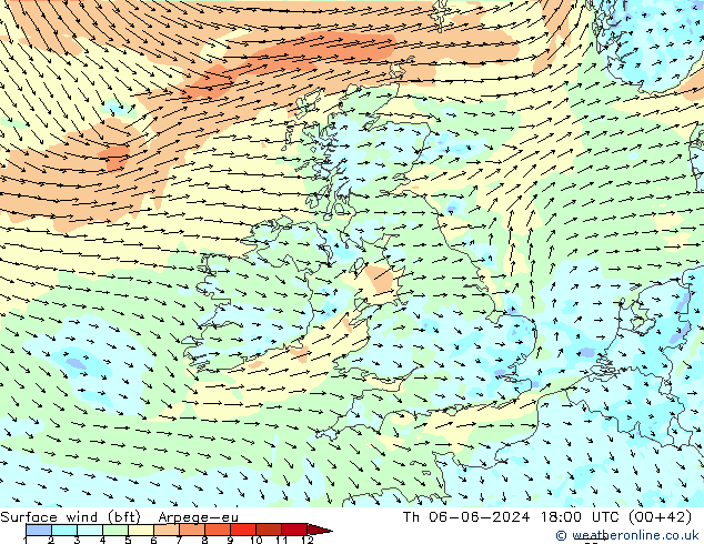 Viento 10 m (bft) Arpege-eu jue 06.06.2024 18 UTC