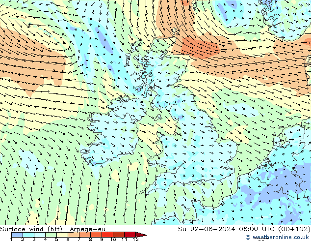 Viento 10 m (bft) Arpege-eu dom 09.06.2024 06 UTC